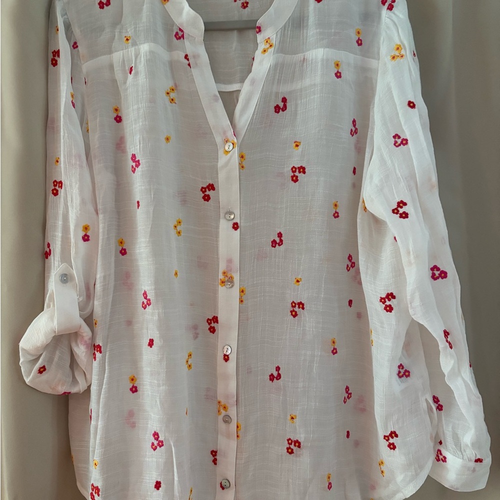Women's White Sheer Button-Up Top with Pink & Yellow Floral Embroidery